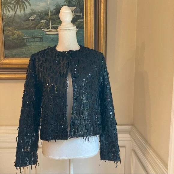 ZARA Black Tweed Fringe Sequin Blazer Jacket NWT